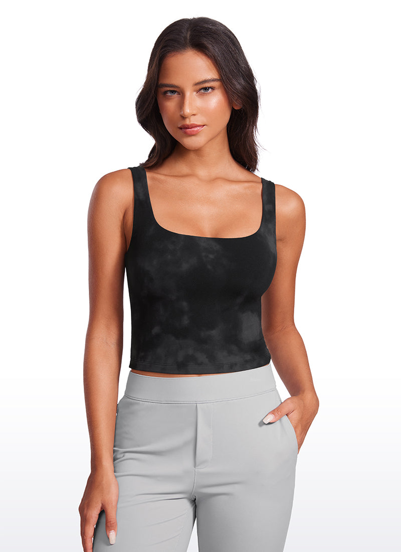 Camiseta de tirantes ajustada para yoga Butterluxe de corte cuadrado con cuello cuadrado para mujer CRZ YOGA, negro con estampado desteñido de flores