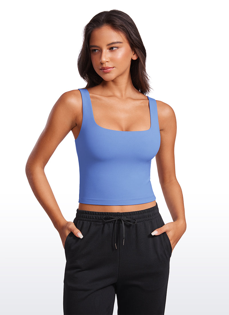 CRZ YOGA Camiseta de tirantes ajustada de yoga Butterluxe para mujer, cuello cuadrado, azul Wild Indigo