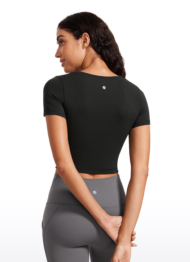 T-shirt crop top à manches courtes et col arrondi coupe slim pour femme CRZYOGA Noir