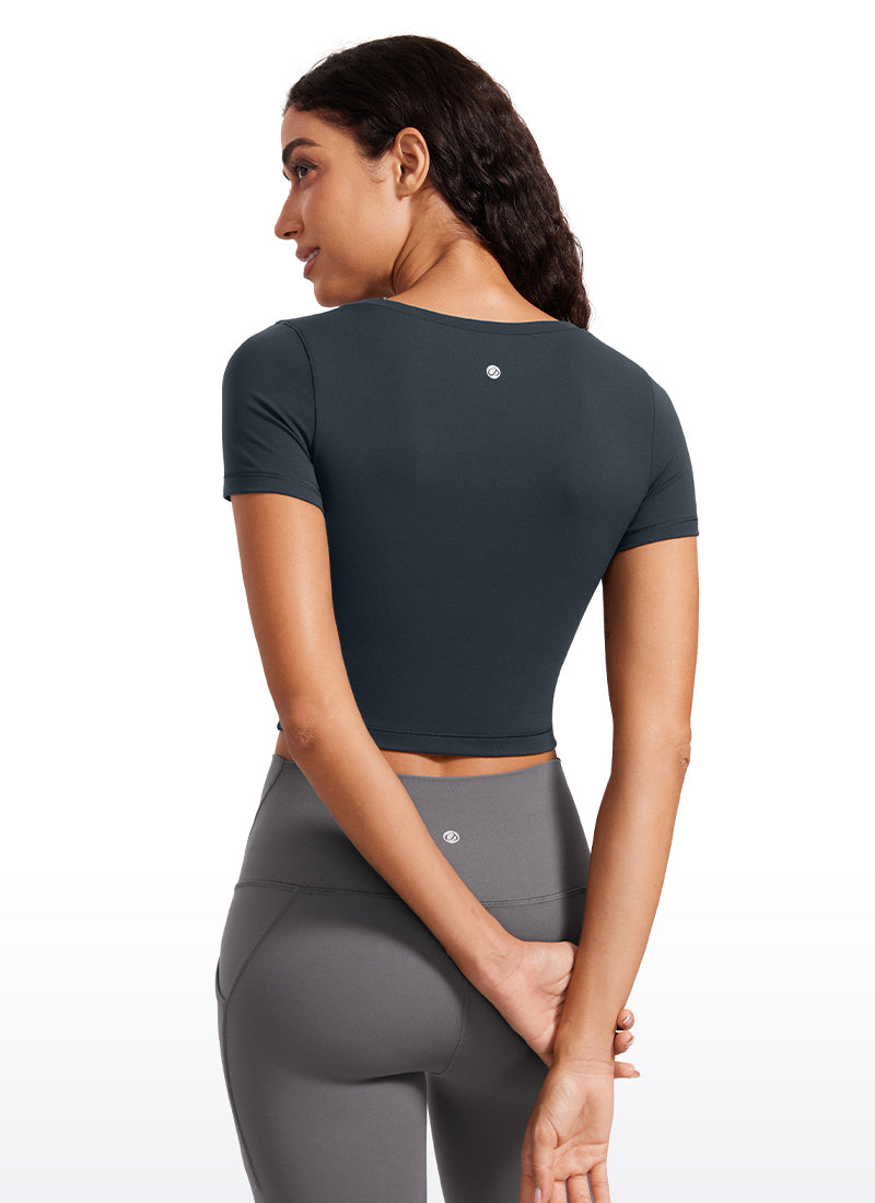 T-shirt crop top à manches courtes et col arrondi coupe slim pour femme CRZYOGA Bleu marine
