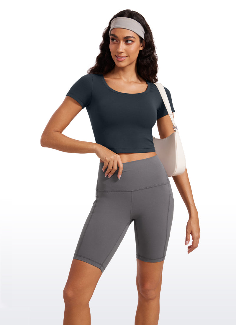 T-shirt crop top à manches courtes et col arrondi coupe slim pour femme CRZYOGA Bleu marine