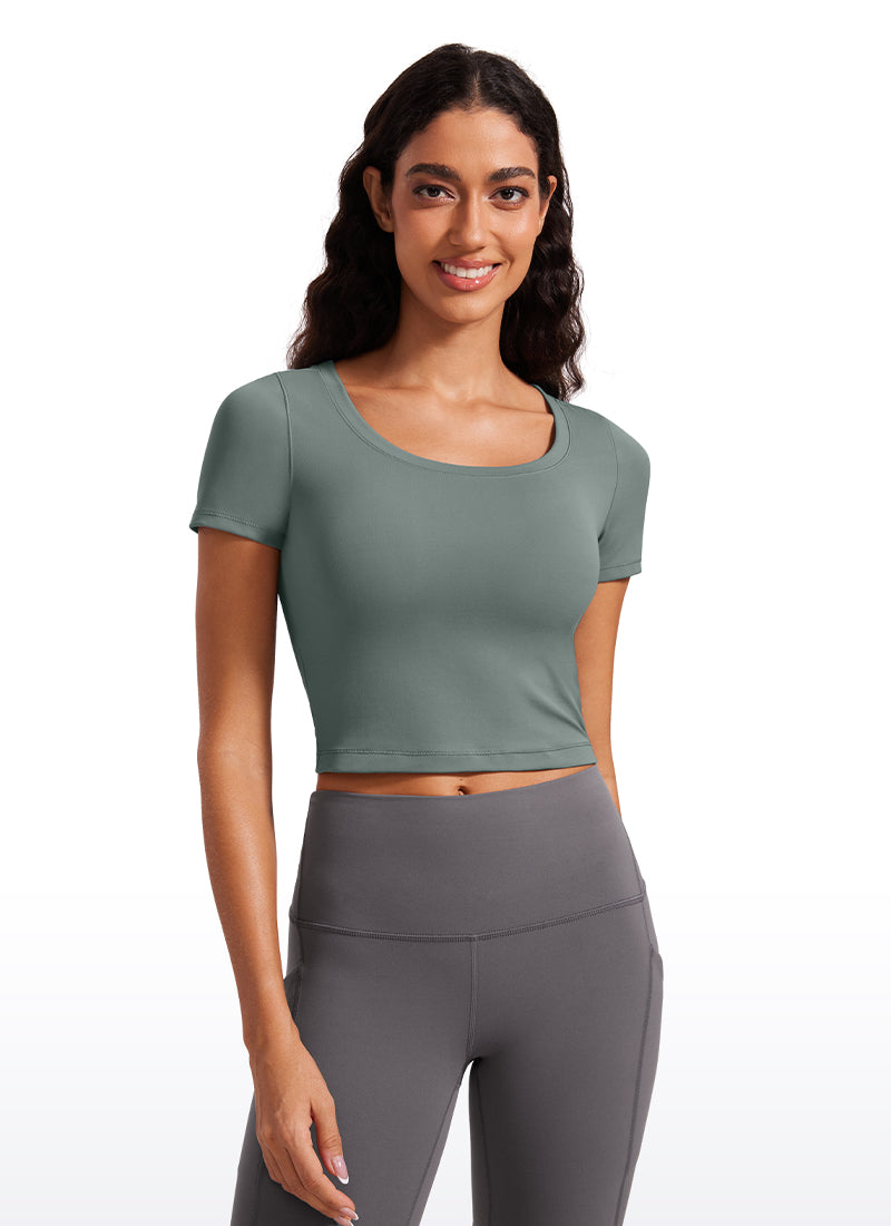 CRZ YOGA T-shirt cintré crop top à manches courtes et col arrondi pour femme, vert gris