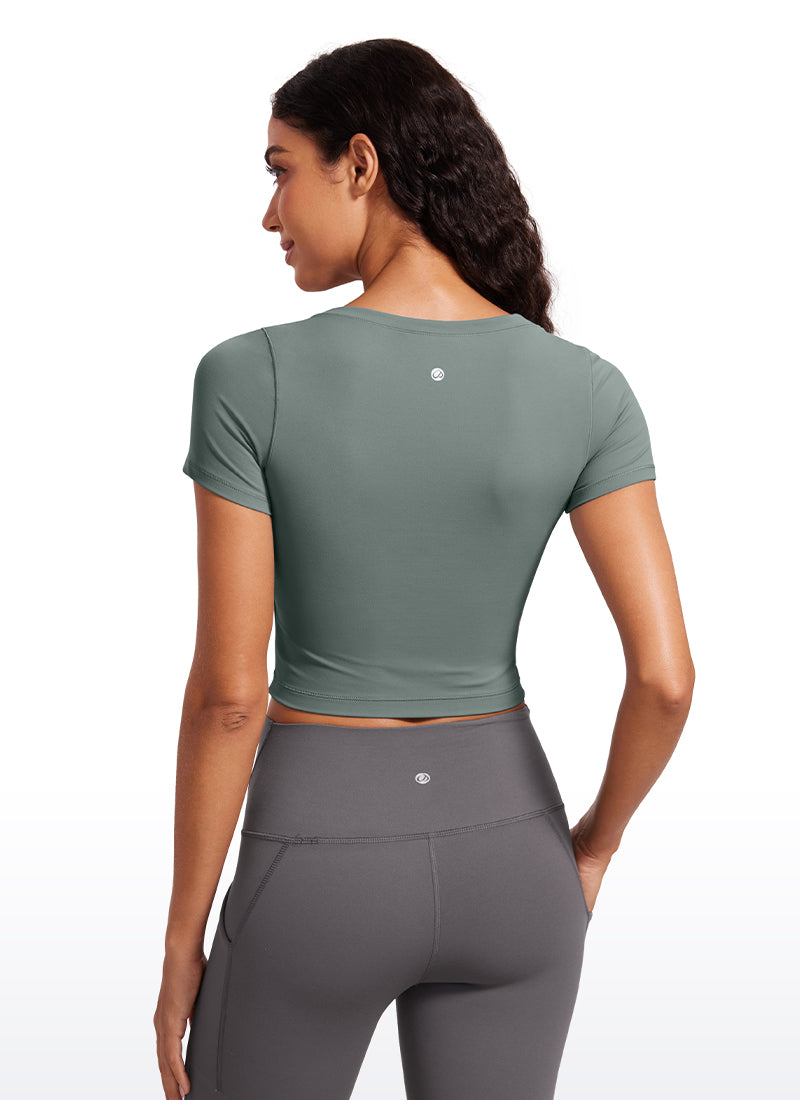 CRZ YOGA T-shirt cintré crop top à manches courtes et col arrondi pour femme, vert gris