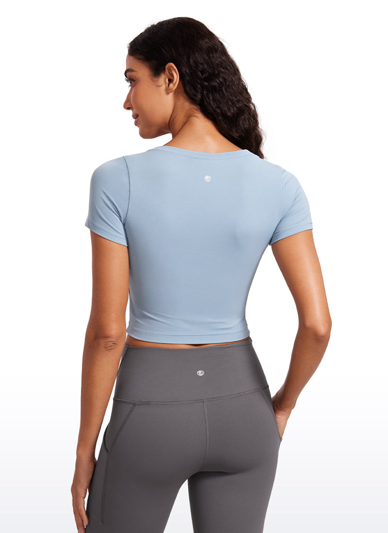 T-shirt crop top à manches courtes et col arrondi coupe slim pour femme CRZYOGA Bleu cambrien