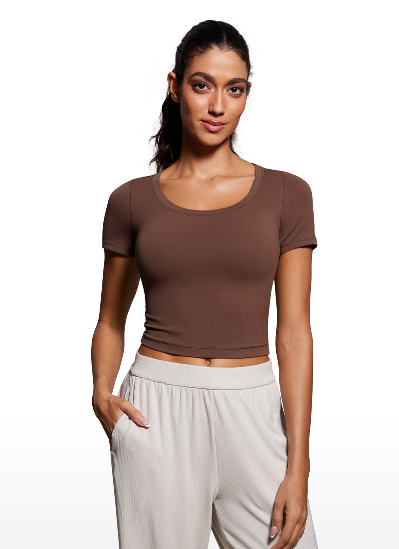 T-shirt crop top à manches courtes et col arrondi coupe slim pour femme CRZYOGA Marron café