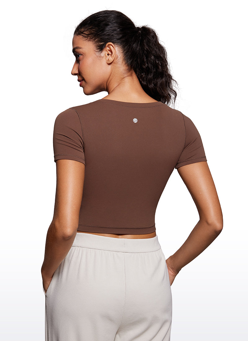 T-shirt crop top à manches courtes et col arrondi coupe slim pour femme CRZYOGA Marron café