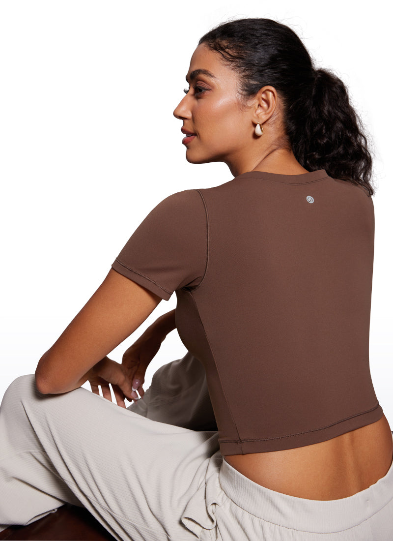 T-shirt crop top à manches courtes et col arrondi coupe slim pour femme CRZYOGA Marron café