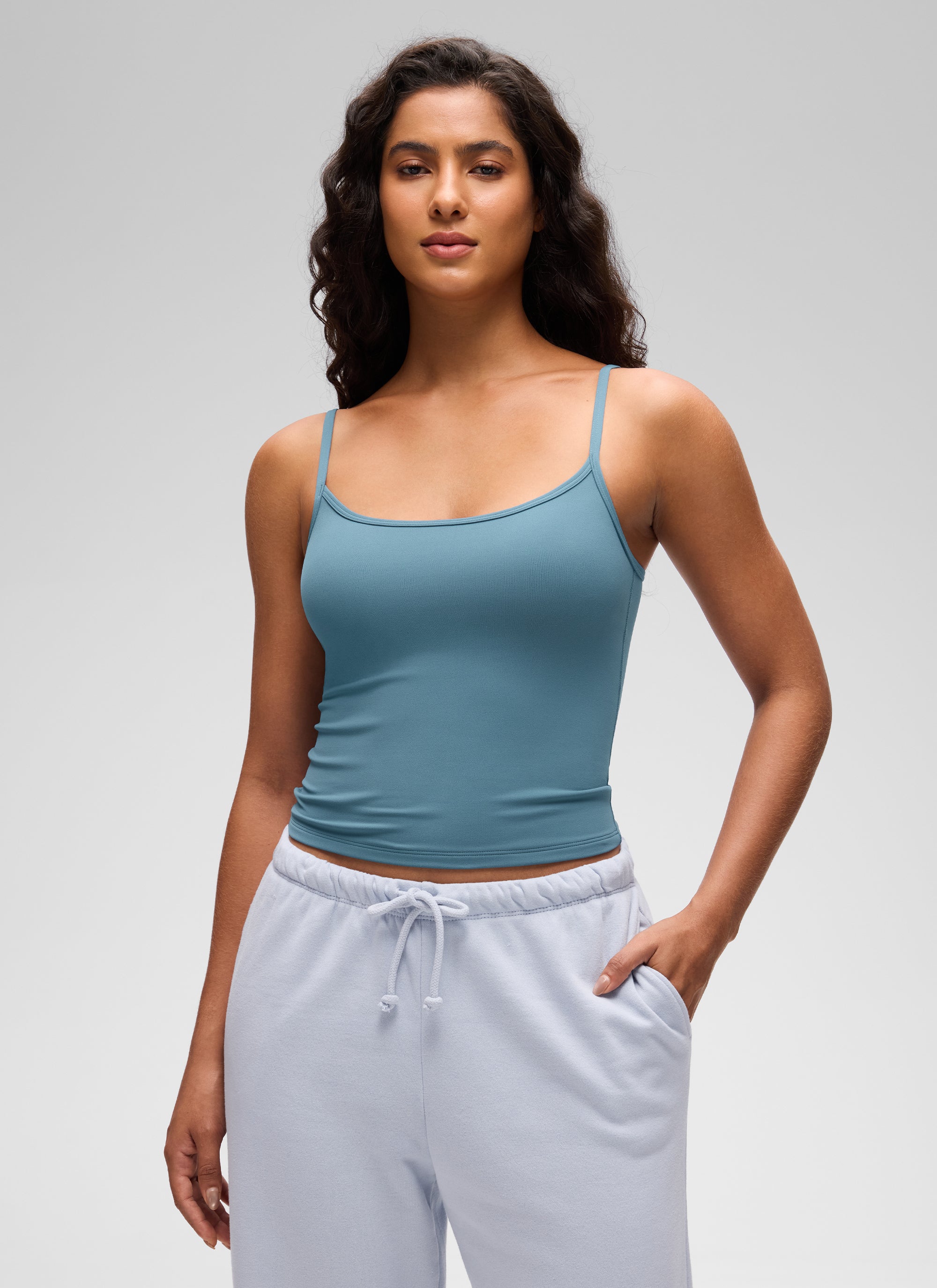 CRZ YOGA Women's Butterluxe Casual Scoop Neck U Back Double Lined Tank Blue Ashes @model_info:Carol