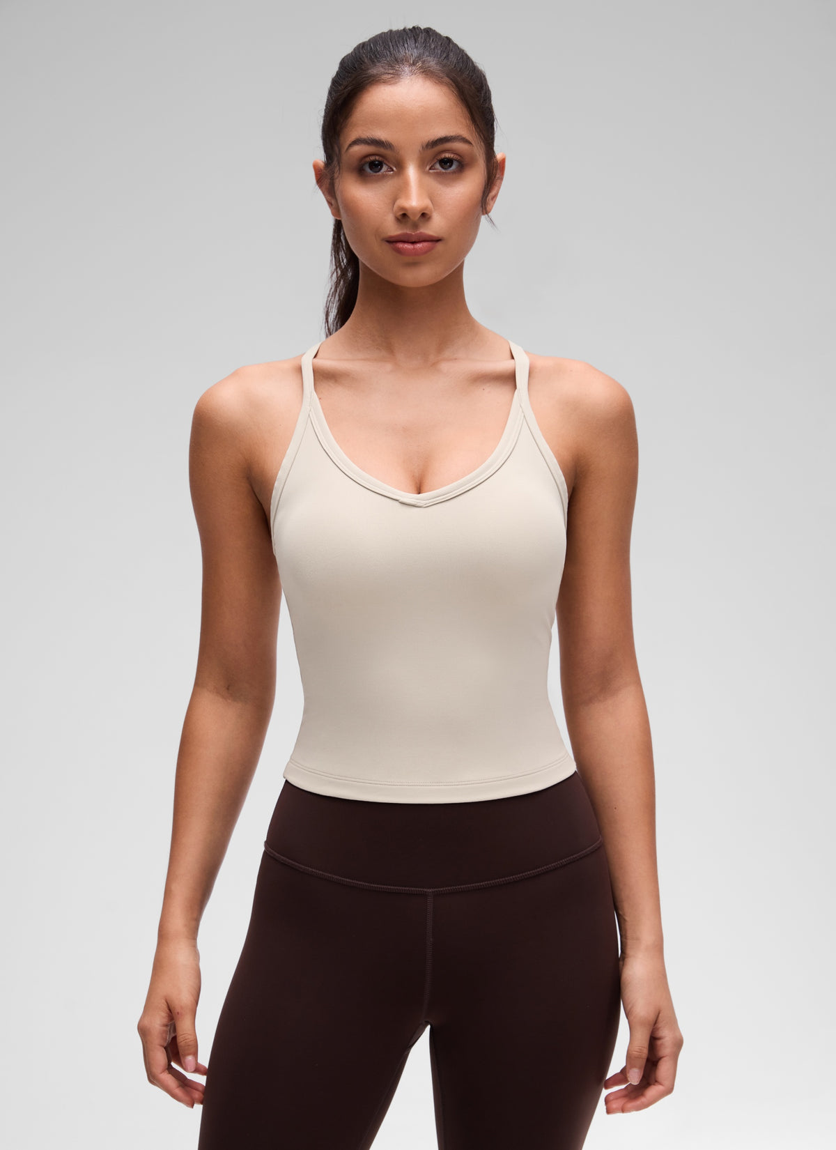CRZ YOGA Women's Butterluxe Soft Double Lined V Neck Racerback Tanks Mojave Tan @model_info:Maysa