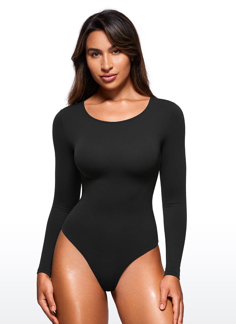 CRZ YOGA Bodys de yoga ajustés à manches longues et col rond pour femme Noir
