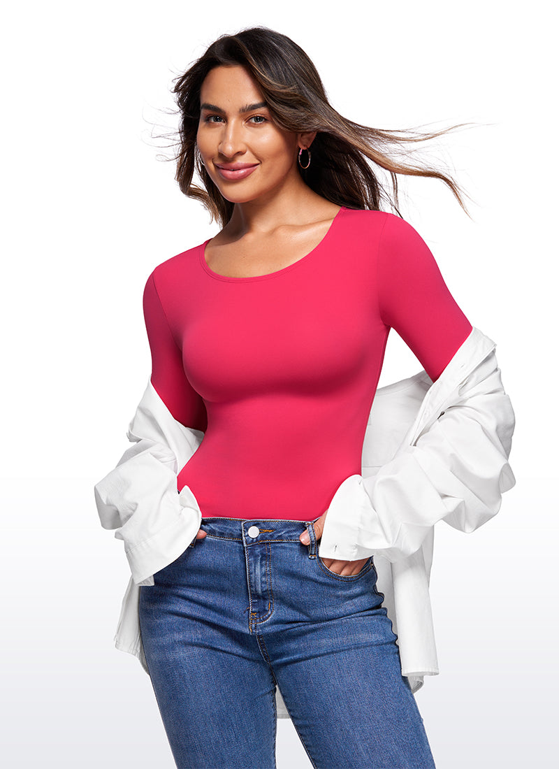 CRZ YOGA Bodysuit de yoga à manches longues, col rond et coupe ajustée pour femme, viva magenta
