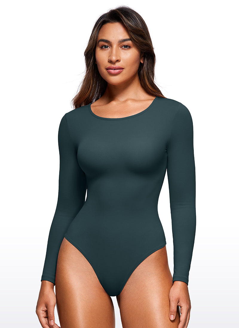 CRZ YOGA Bodys de yoga ajustés à manches longues et col rond pour femme Vert forêt foncé
