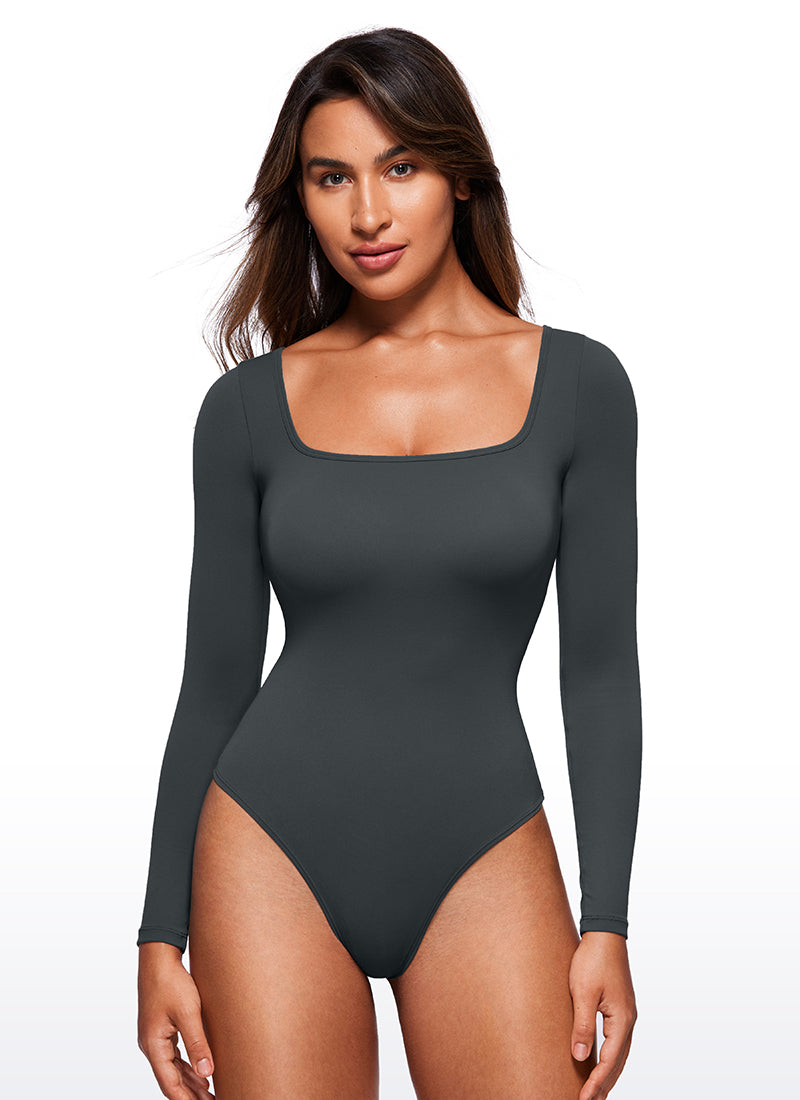 CRZ YOGA Bodysuit Femme Yoga Coupe Ajustée Encolure Carrée Manches Longues Mélanite