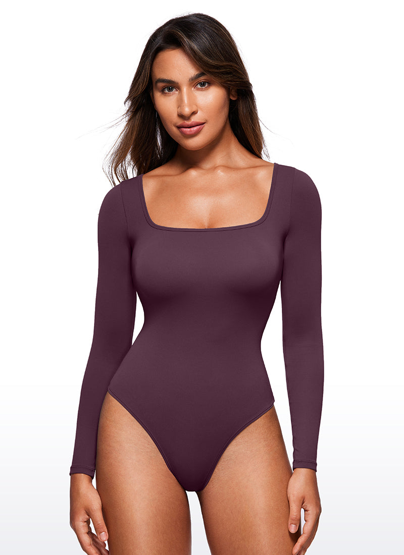 CRZ YOGA Bodysuit Femme Yoga Coupe Ajustée Encolure Carrée Manches Longues Violet Profond