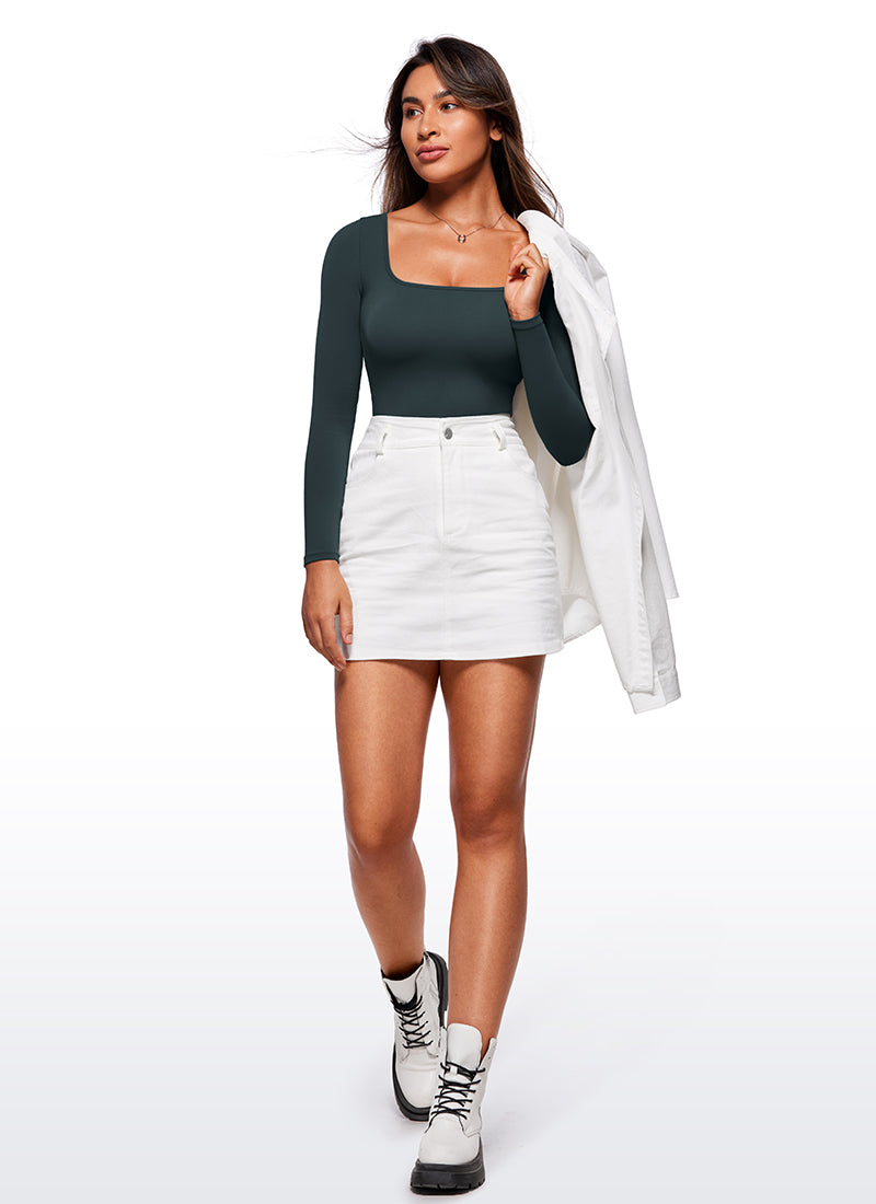 CRZ YOGA Bodysuit de yoga moulant à manches longues et encolure carrée pour femme Vert forêt foncé