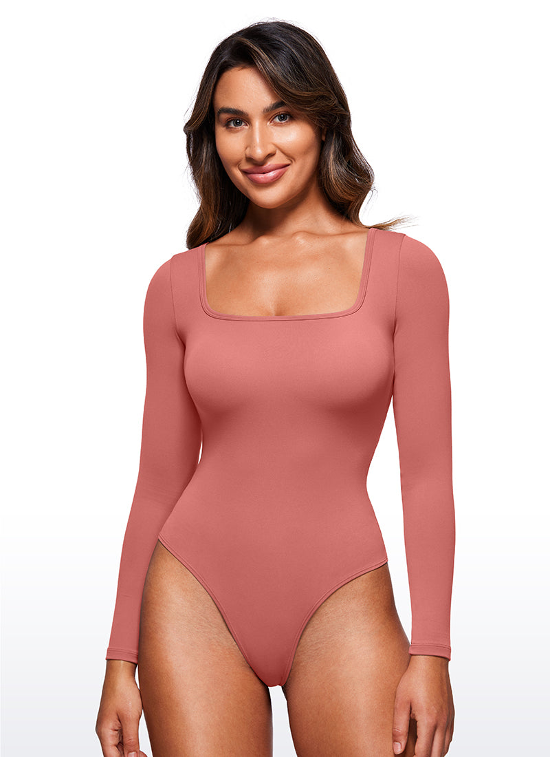 CRZ YOGA Bodysuit Femme Yoga Coupe Ajustée Encolure Carrée Manches Longues Rose Briar