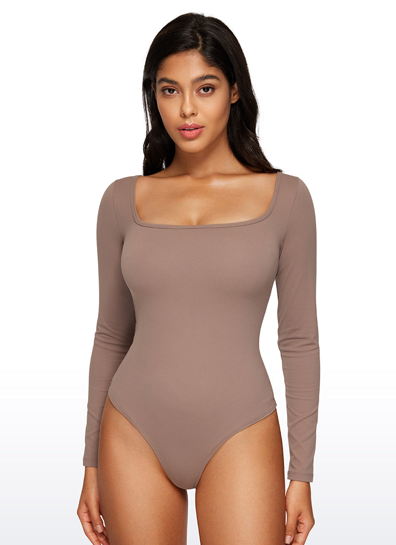 CRZ YOGA Bodysuit Femme Yoga Coupe Ajustée Encolure Carrée Manches Longues Violet Brun