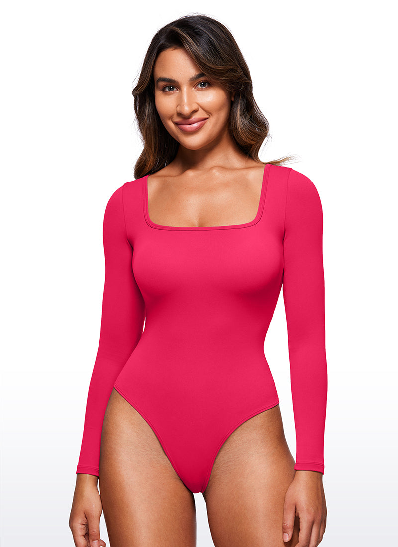 CRZ YOGA Bodysuit Femme Yoga Coupe Ajustée Encolure Carrée Manches Longues Magenta Viva