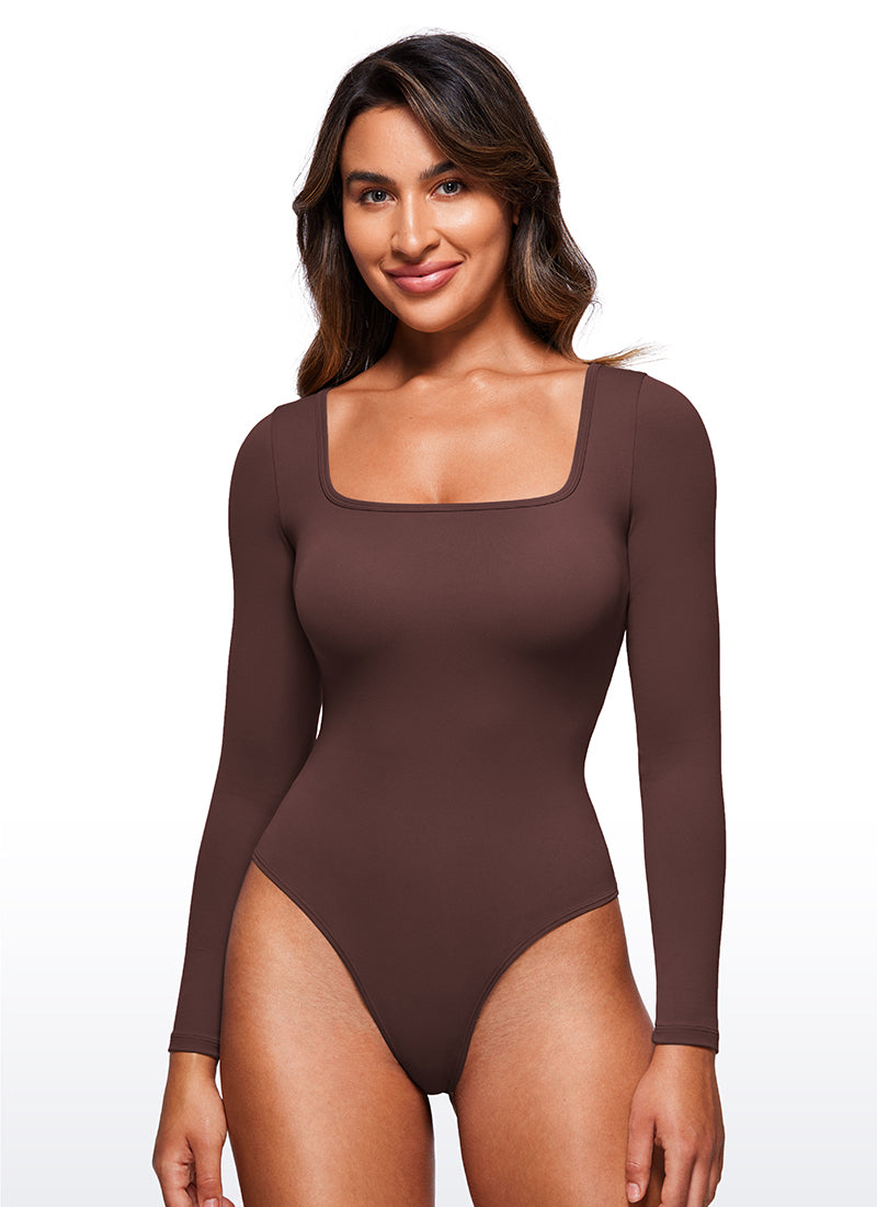 Body de yoga ajusté pour femme CRZ YOGA à manches longues et col carré Taupe