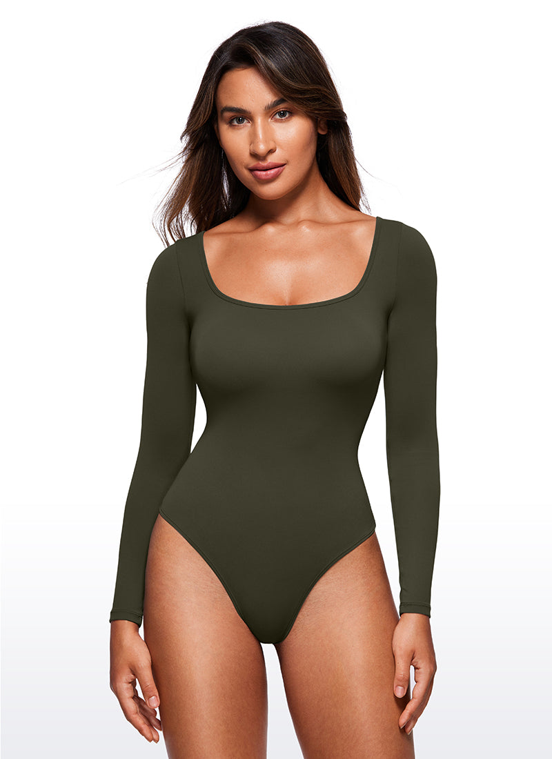 CRZ YOGA Bodysuit Femme Yoga Coupe Ajustée Encolure Carrée Manches Longues Vert Olive