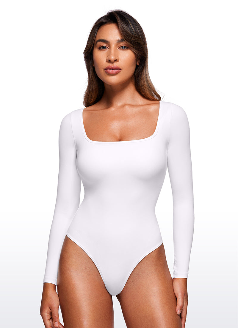 CRZ YOGA Bodysuit Femme Yoga Coupe Ajustée Encolure Carrée Manches Longues Blanc