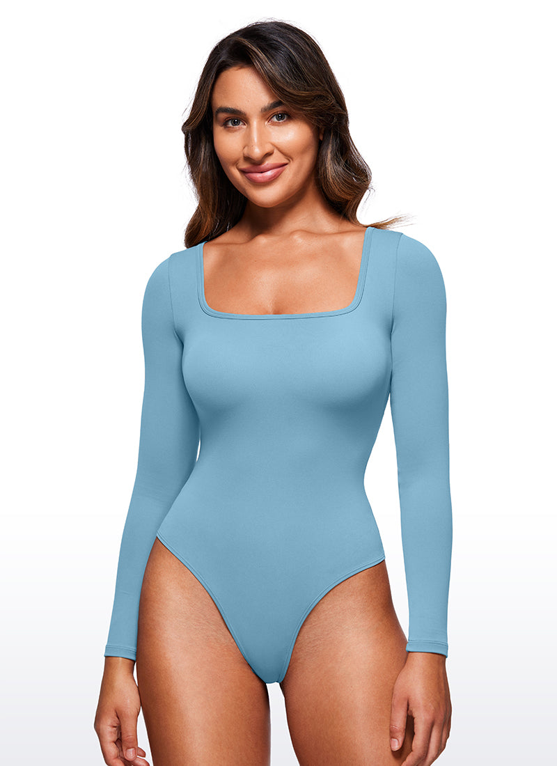 CRZ YOGA Bodysuit Femme Yoga Coupe Ajustée Encolure Carrée Manches Longues Bleu Pur