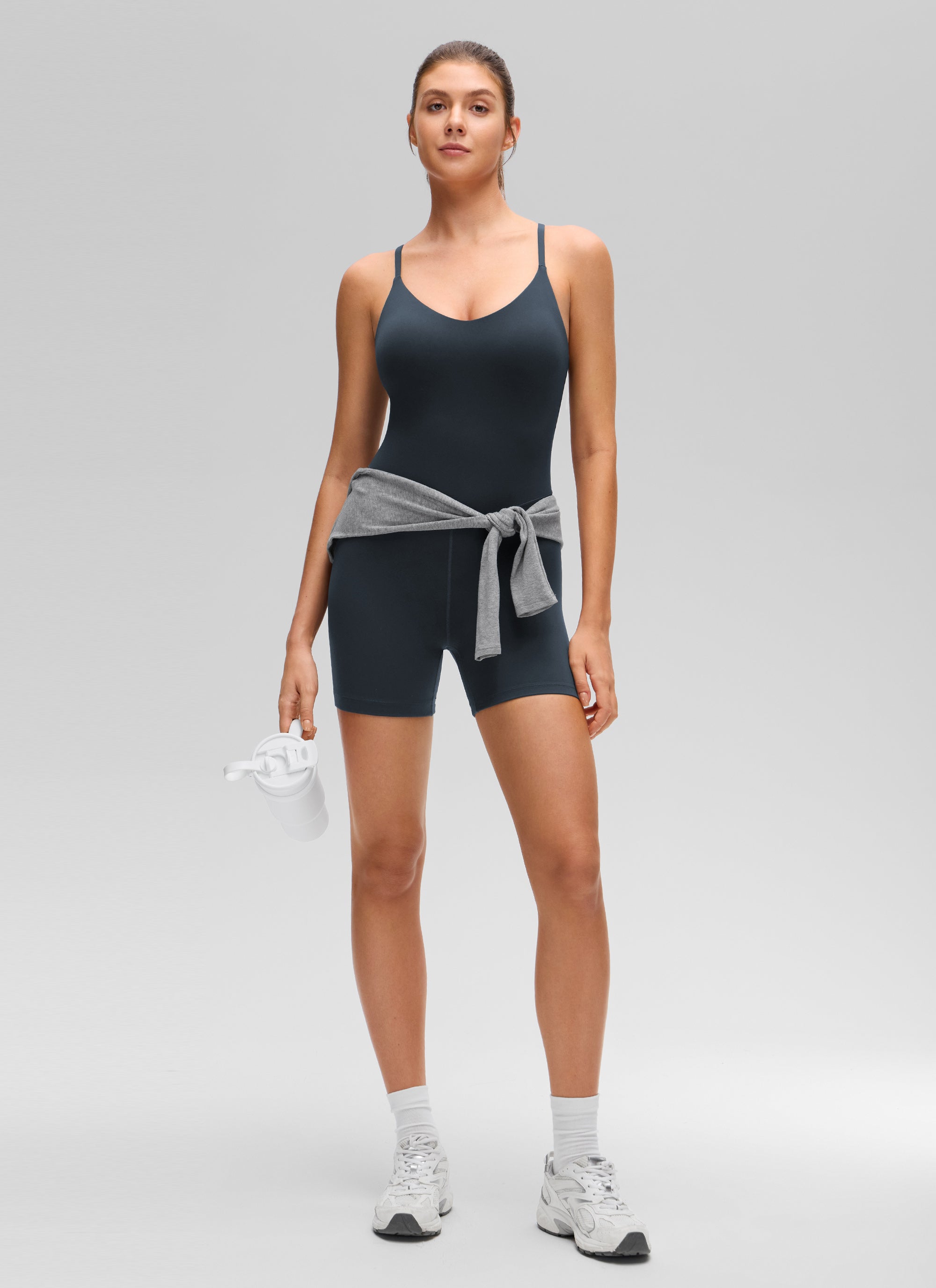 CRZ YOGA Damen- Butterluxe -Yoga-Jumpsuit mit U-Ausschnitt, gekreuztem Rücken und integriertem BH – True Navy