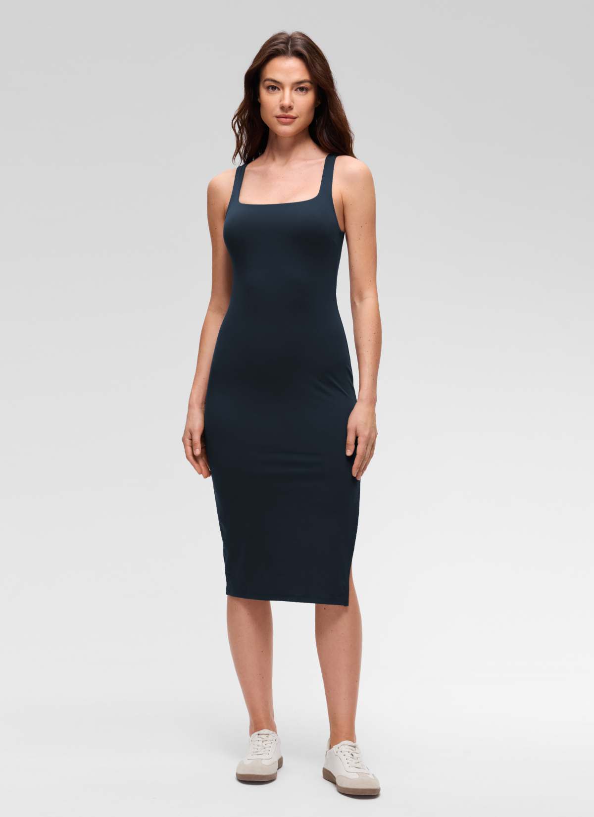 CRZ YOGA Vestido Midi Informal con Cuello Cuadrado y Abertura Lateral Butterluxe de Mujer True Navy