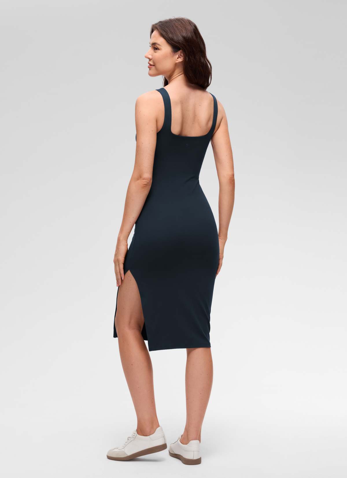CRZ YOGA Vestido Midi Informal con Cuello Cuadrado y Abertura Lateral Butterluxe de Mujer True Navy