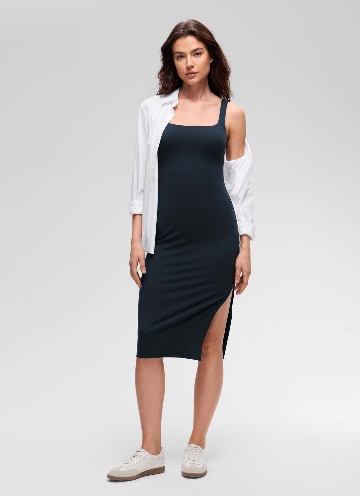 CRZ YOGA Vestido Midi Informal con Cuello Cuadrado y Abertura Lateral Butterluxe de Mujer True Navy
