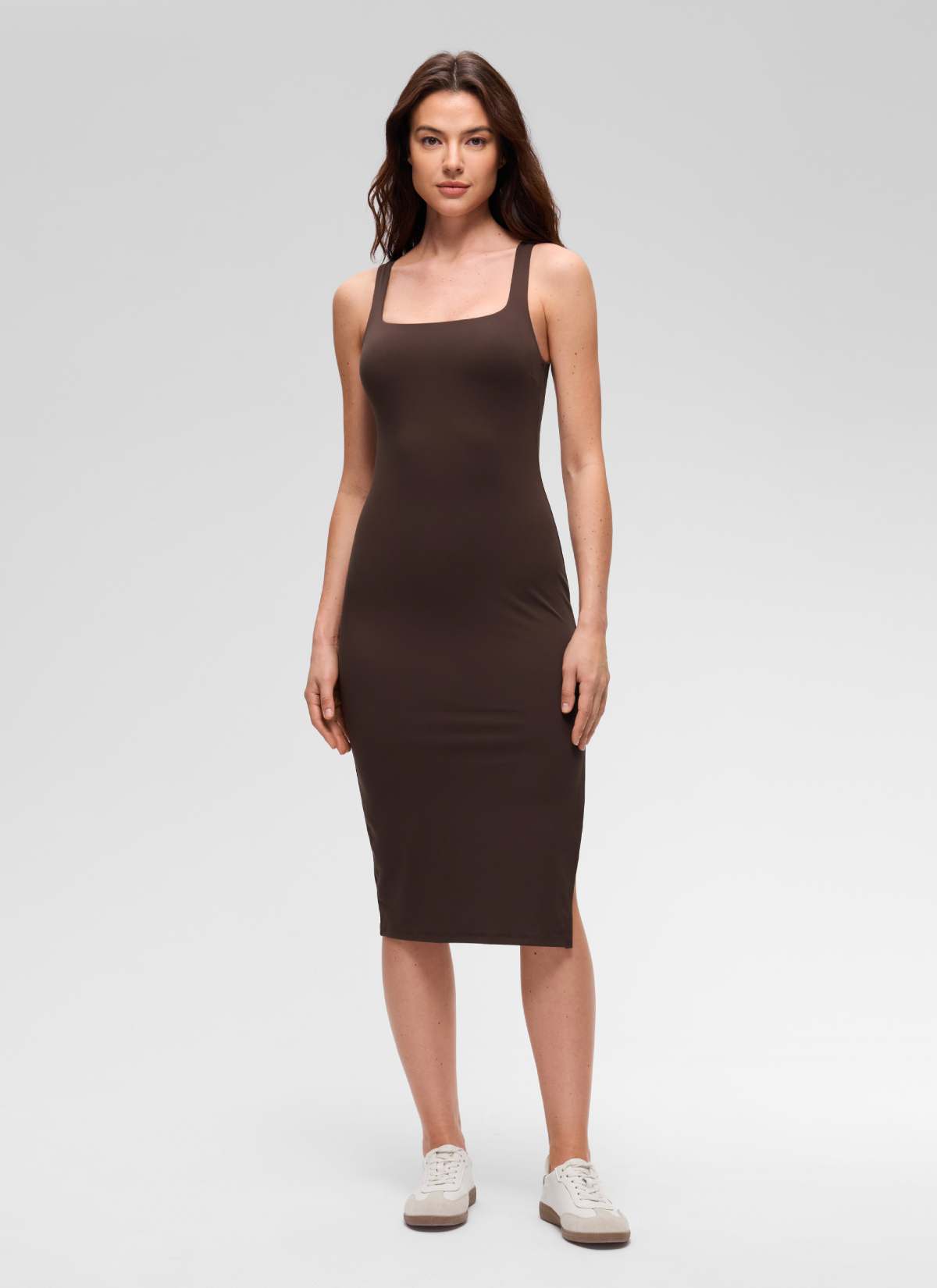 Vestido midi informal con cuello cuadrado y abertura lateral Butterluxe para mujer CRZ YOGA Marrón Hot Fudge