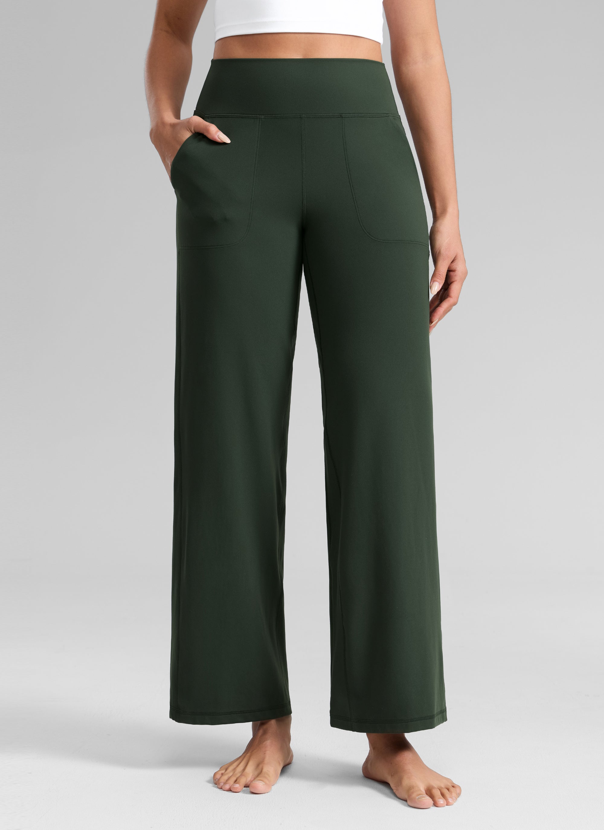 CRZ YOGA Dames Butterlift Broek met wijde pijpen en hoge taille met zakken Legend Green