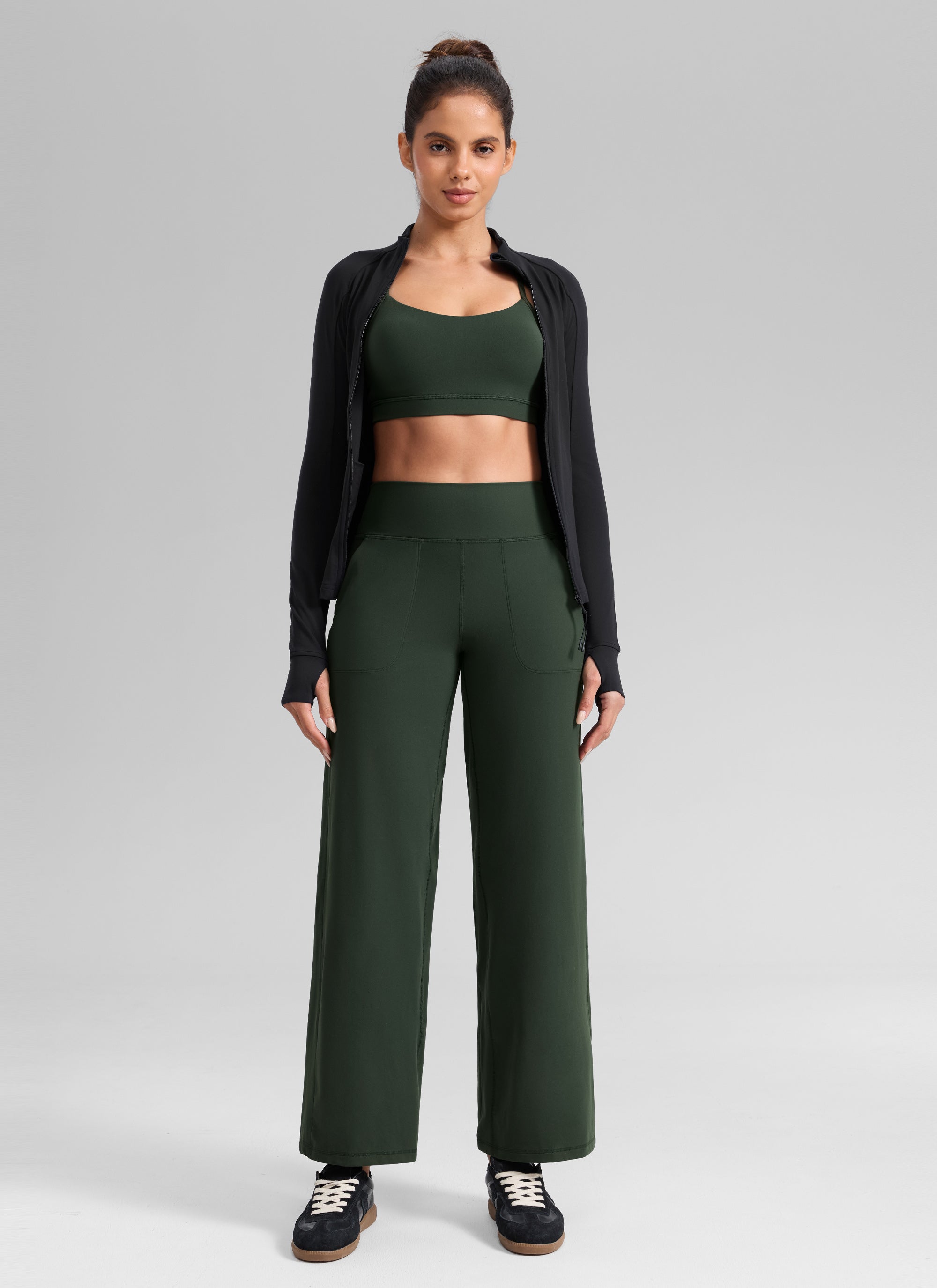 CRZ YOGA Dames Butterlift Broek met wijde pijpen en hoge taille met zakken Legend Green