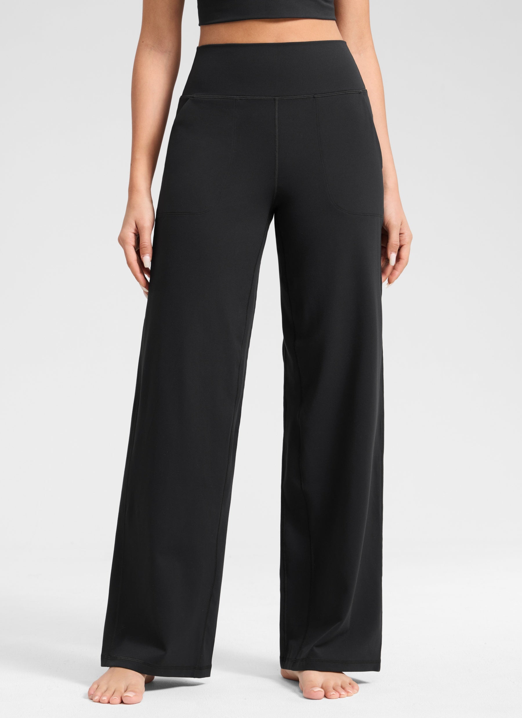 CRZ YOGA Dames Butterlift Broek met wijde pijpen en hoge taille met zakken Zwart