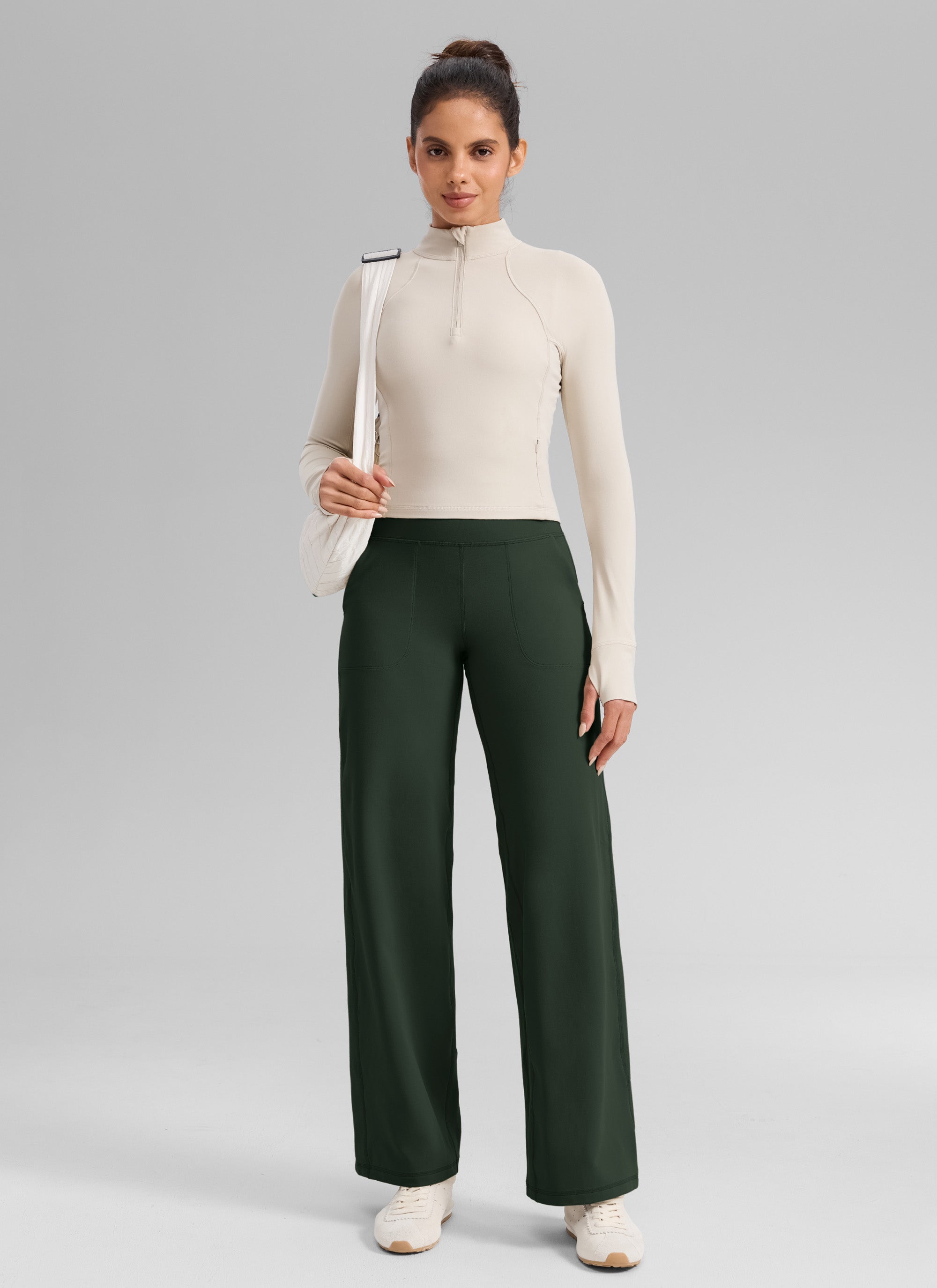 CRZ YOGA Dames Butterlift Broek met wijde pijpen en hoge taille met zakken Legend Green