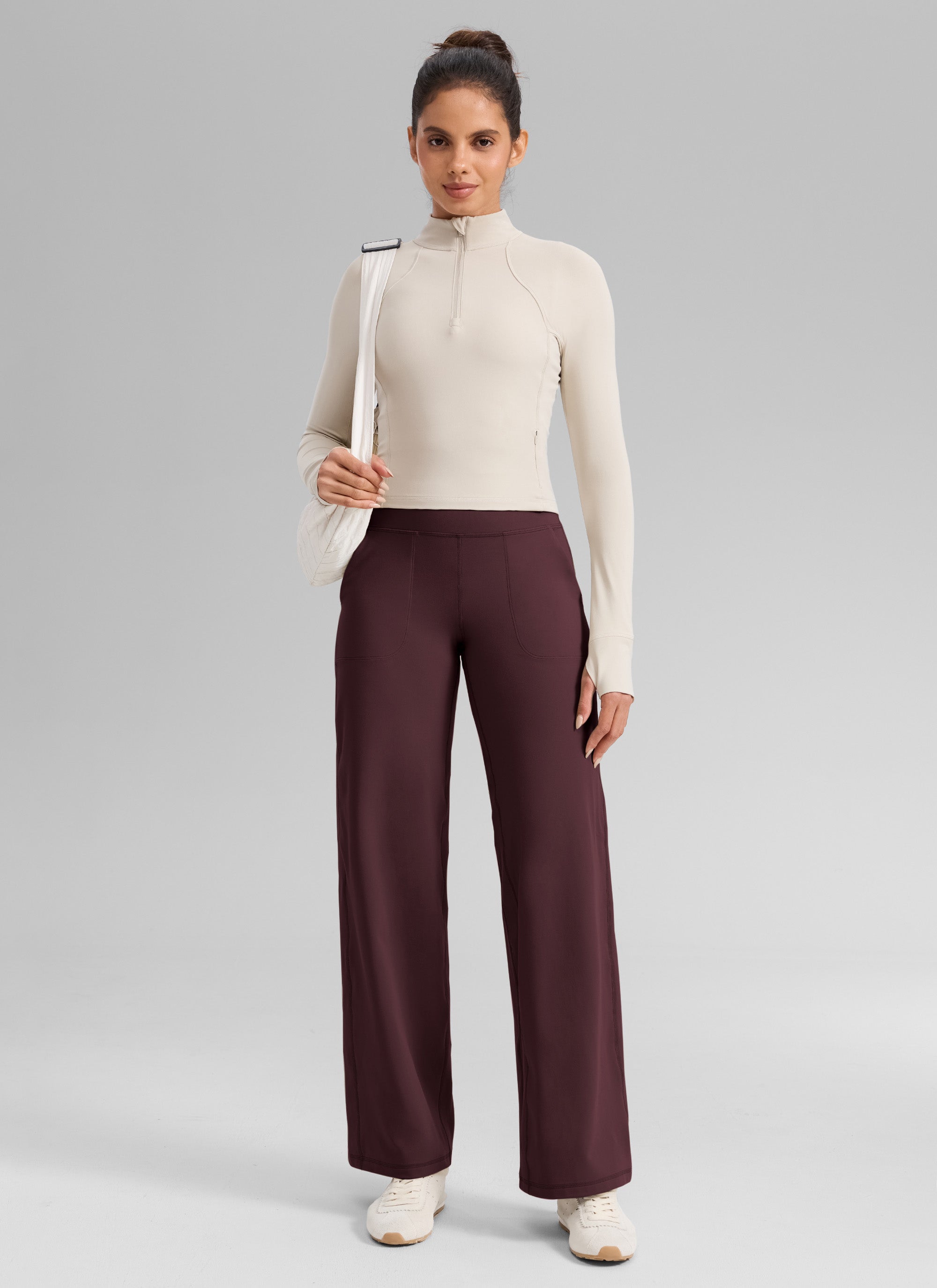 CRZ YOGA Dames Butterlift Broek met Wijde Pijpen, Hoge Taille en Zakken Rijpe Pruim