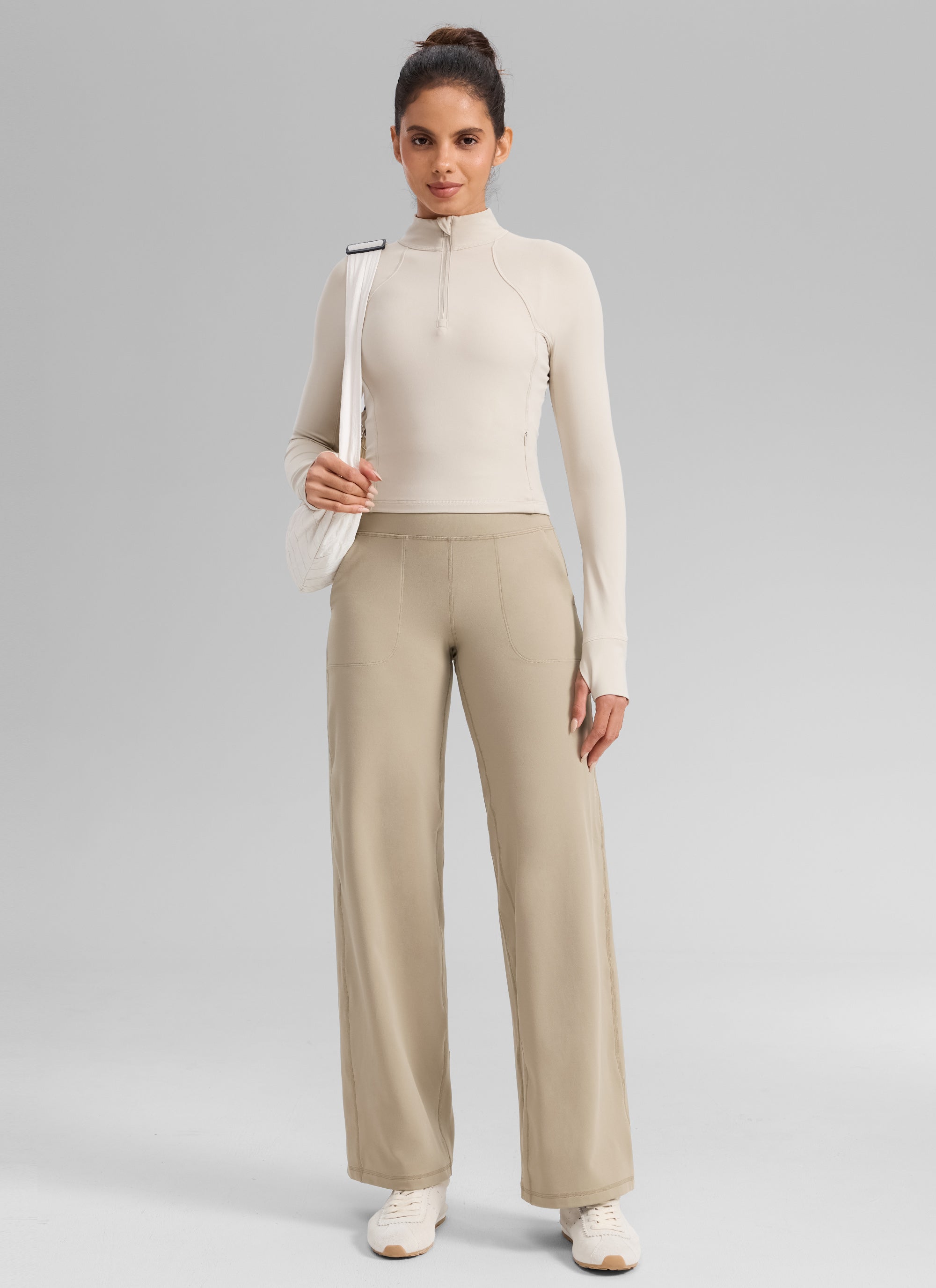 CRZ YOGA Dames Butterlift Broek met wijde pijpen en hoge taille met zakken Eiken