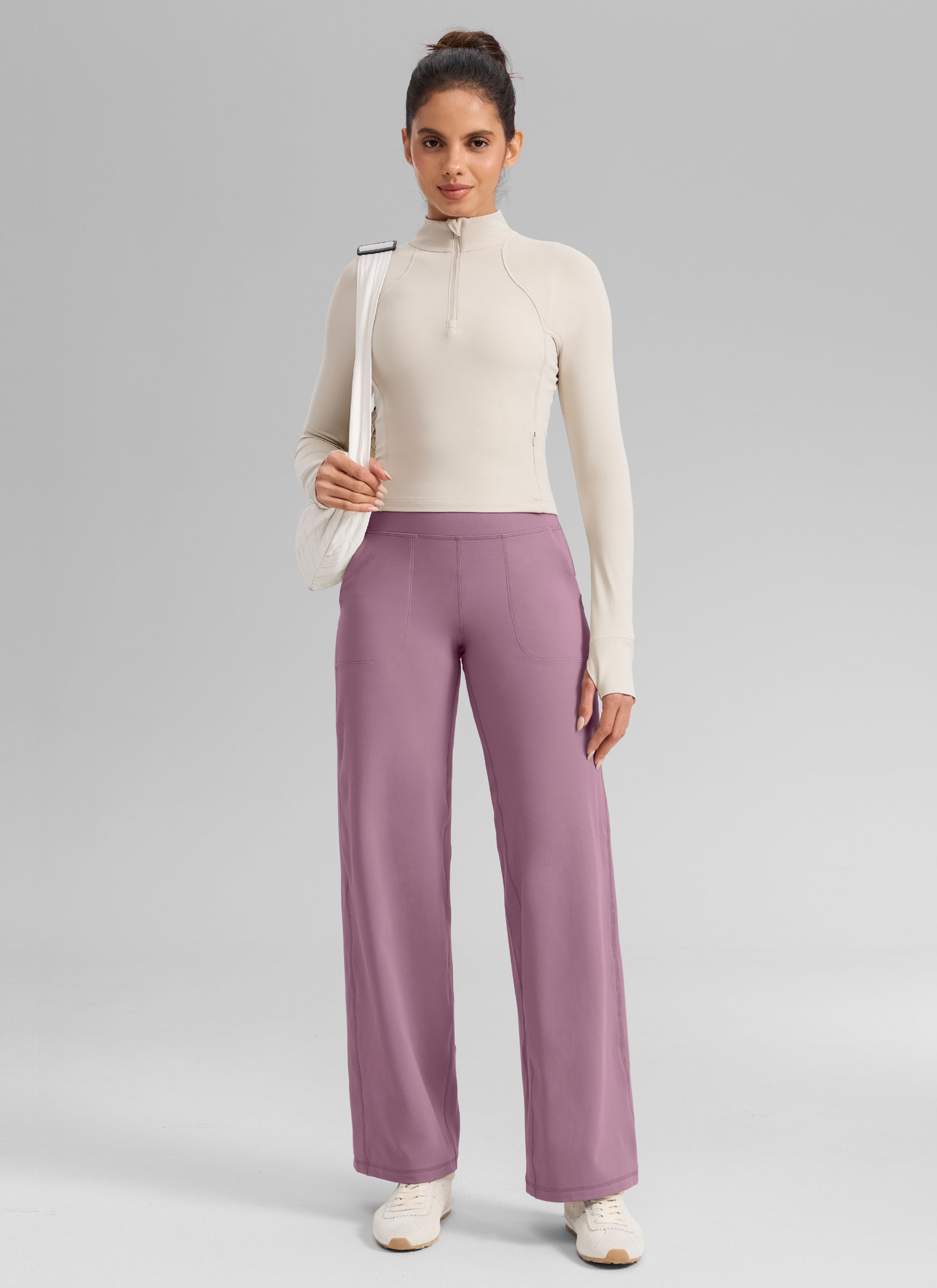 CRZ YOGA Dames Butterlift Broek met wijde pijpen en hoge taille met zakken Licht lavendel