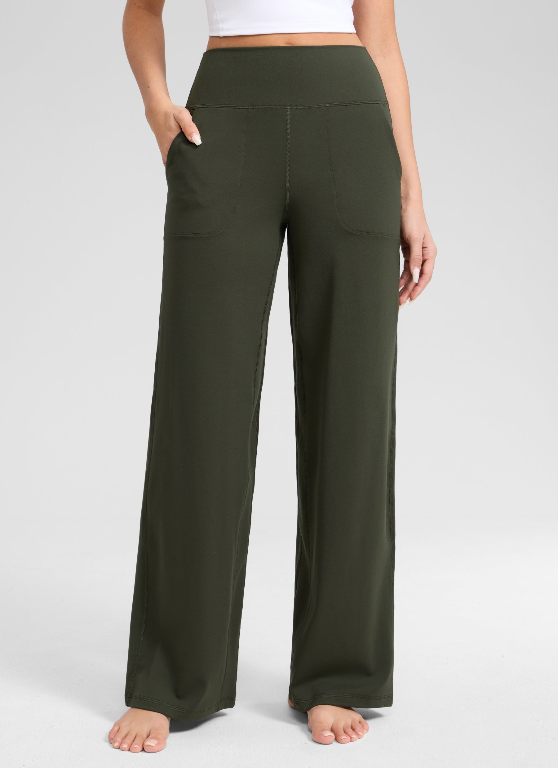 CRZ YOGA Dames Butterlift Broek met wijde pijpen en hoge taille met zakken Olijfgroen