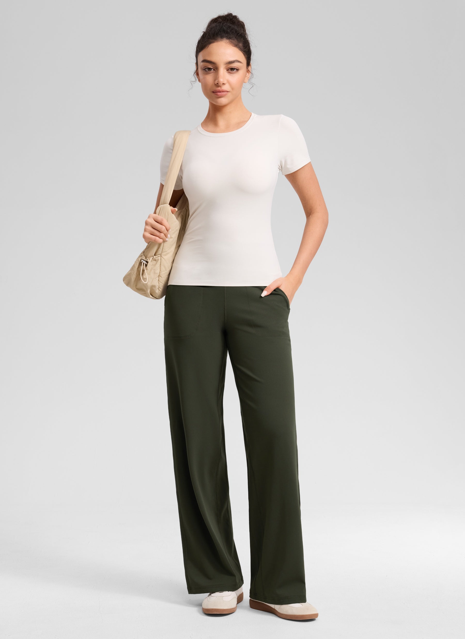 CRZ YOGA Dames Butterlift Broek met wijde pijpen en hoge taille met zakken Olijfgroen