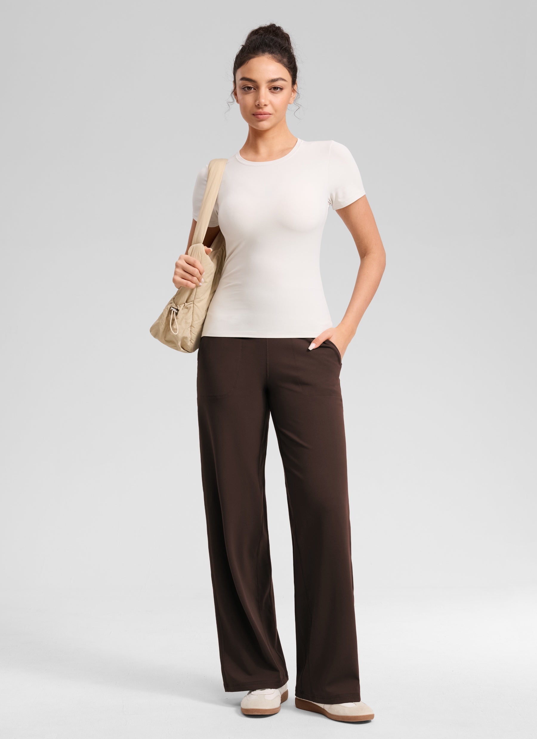 CRZ YOGA Dames Butterlift high-waist broek met wijde pijpen en zakken Hot Fudge Bruin