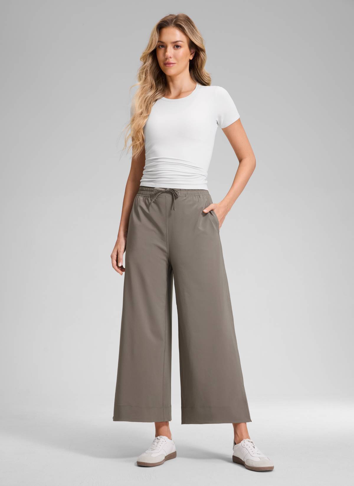 CRZ YOGA Women's  Causal High Waisted Wide Leg Pockets Pants 25'' Nomad Grey @model_info:Anna