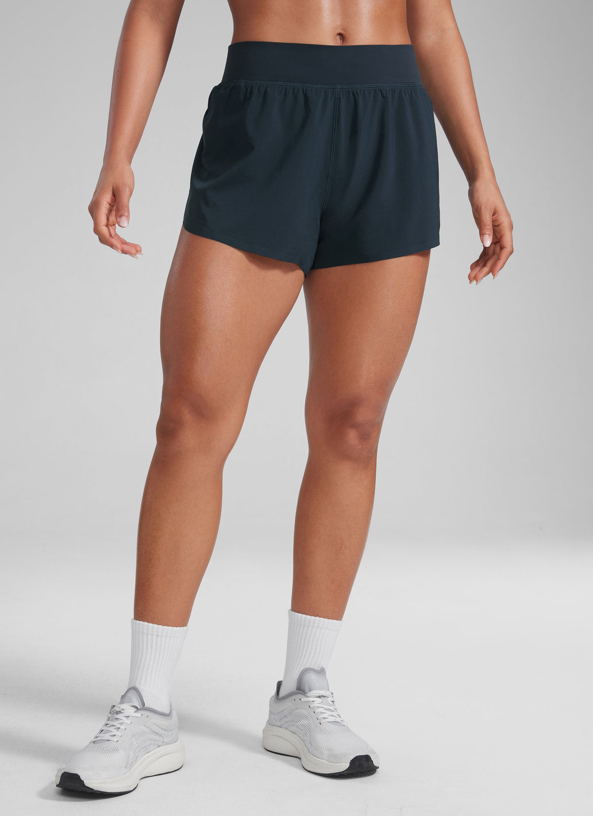 CRZ YOGA Women's Running High Rise Mesh Lined Shorts 3'' Workout Short True Navy @model_info:Crystal