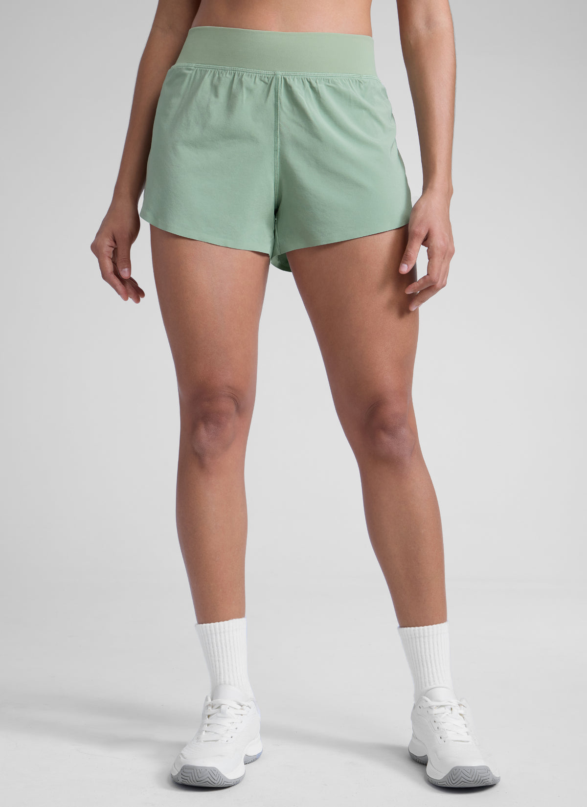CRZ YOGA Women's Running High Rise Mesh Lined Shorts 3'' Workout Short Green Palm Court @model_info:Dany