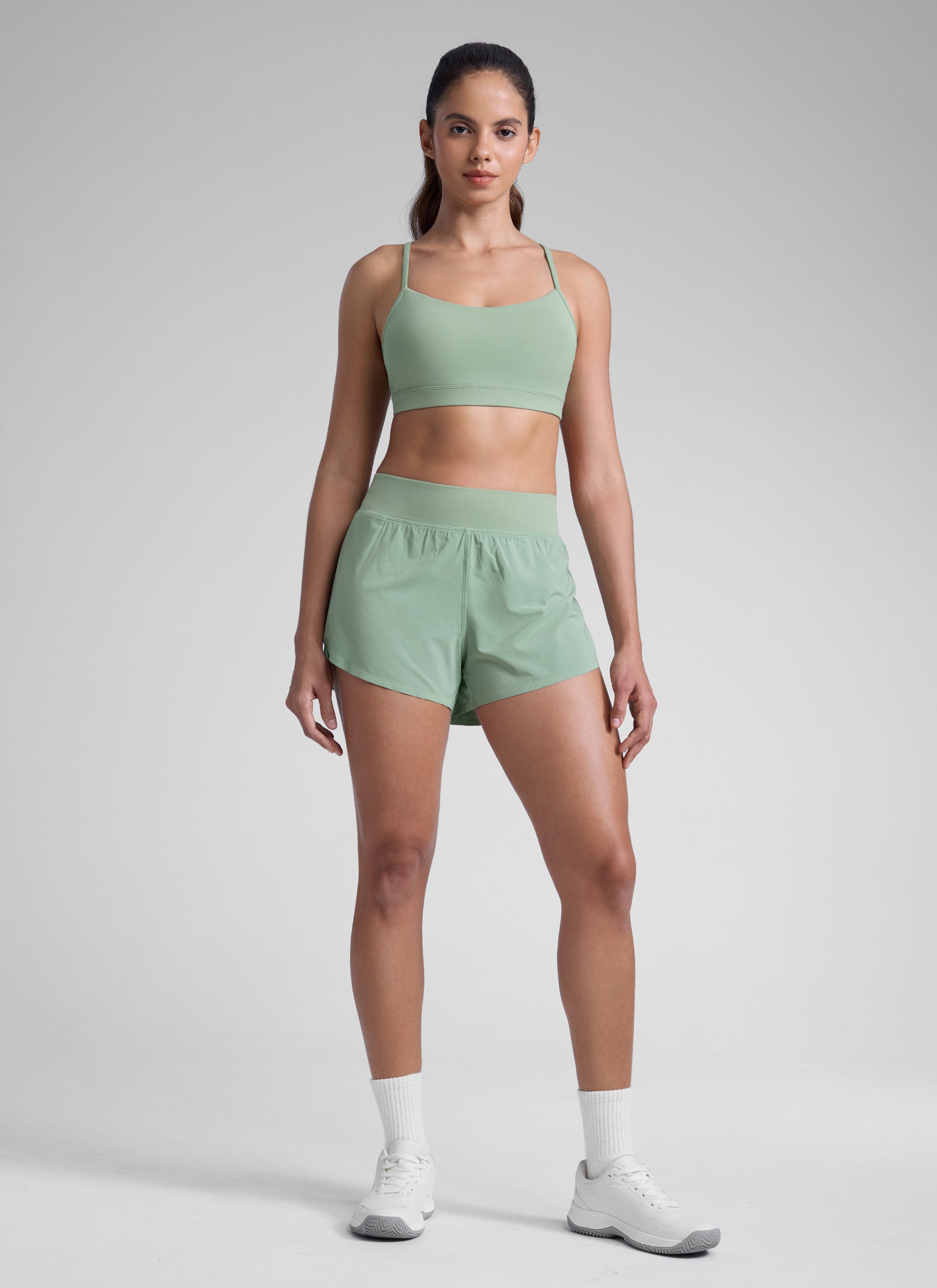 CRZ YOGA Women's Running High Rise Mesh Lined Shorts 3'' Workout Short Green Palm Court @model_info:Dany