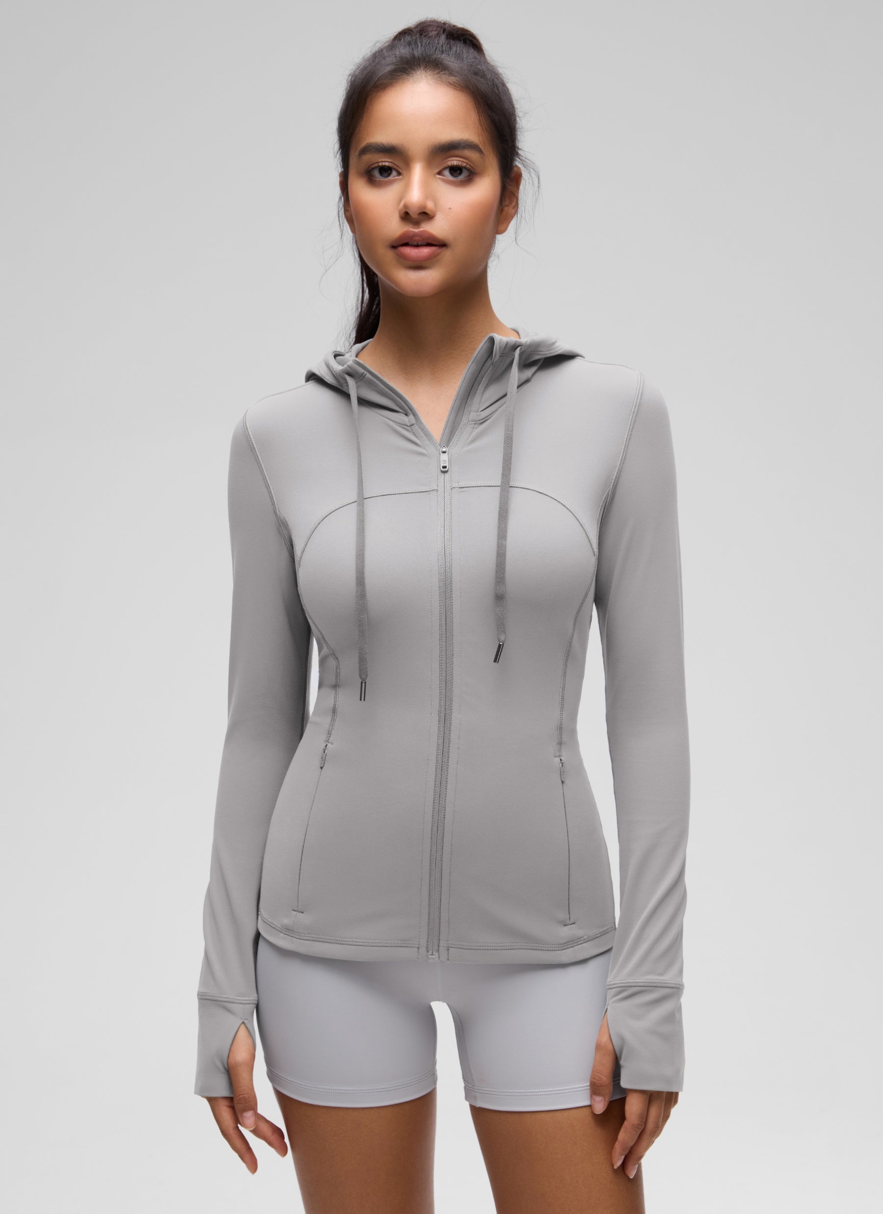 CRZ YOGA Sweat-à-capuche zippé femme Butterluxe Slim Fit avec poches Gris Mouette