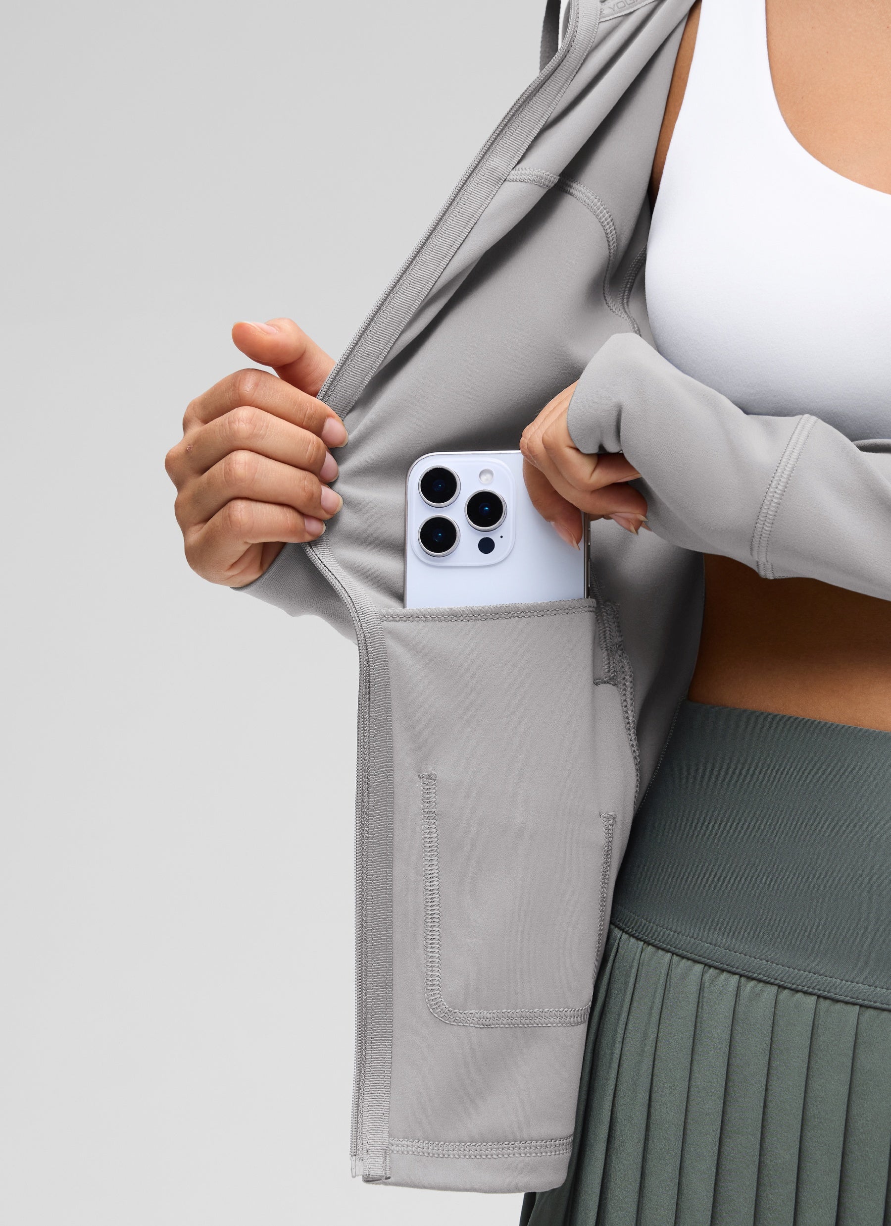 CRZ YOGA Sweat-à-capuche zippé femme Butterluxe Slim Fit avec poches Gris Mouette