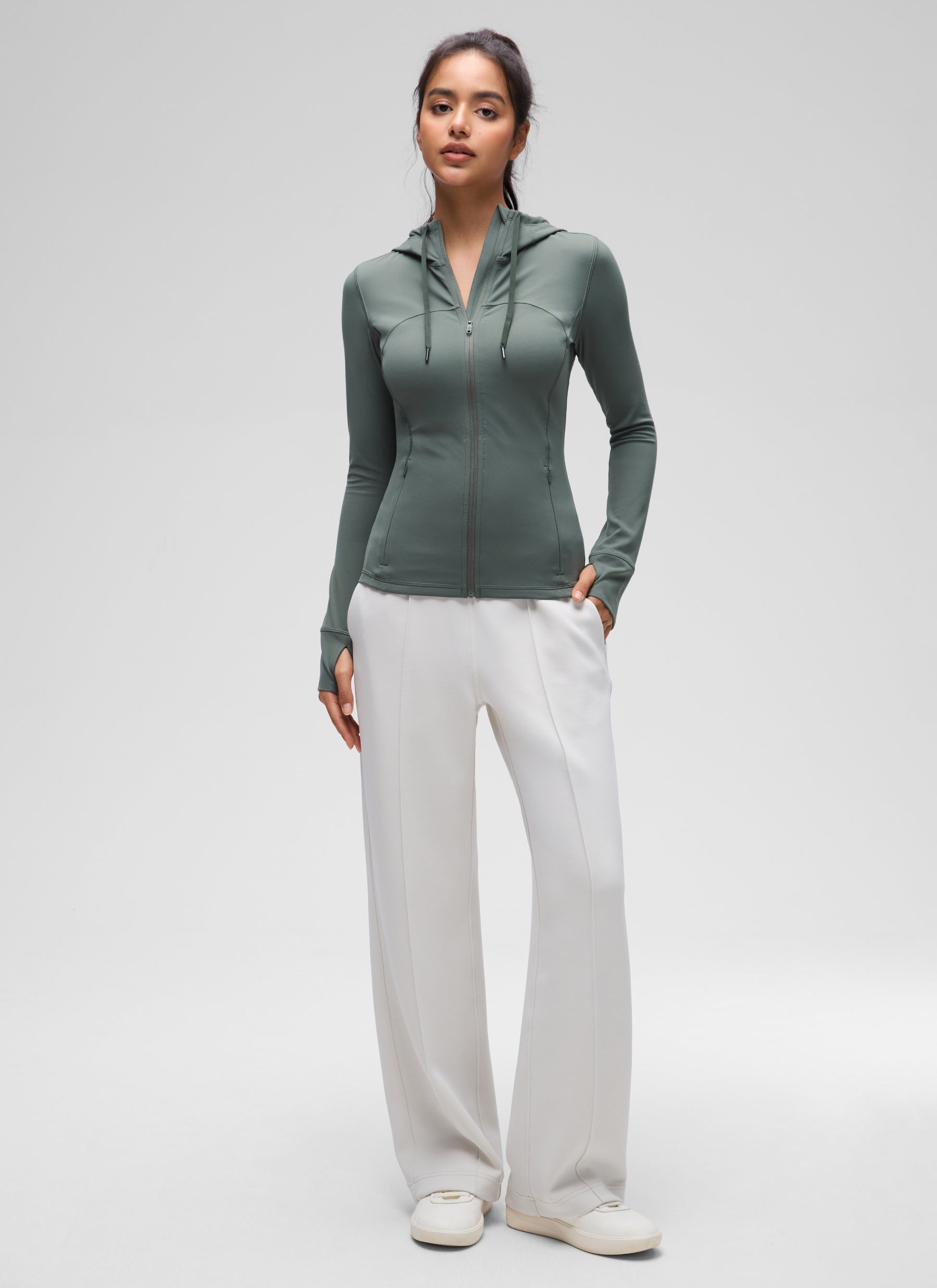 CRZ YOGA Sweat-à-capuche zippé femme Butterluxe Slim Fit avec poches Gris Sauge