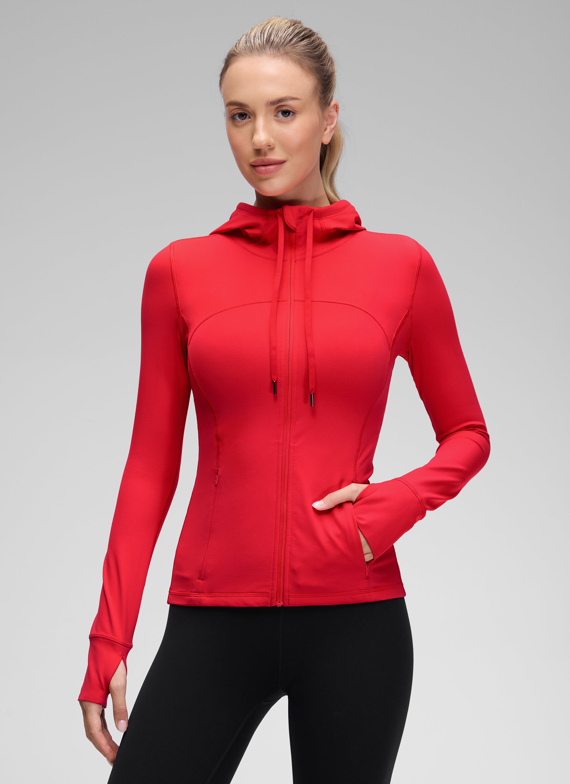 CRZ YOGA Damen- Butterluxe , Slim Fit, mit Taschen, Oberbekleidung, Kapuzenpullover mit durchgehendem Reißverschluss, Aurora Red