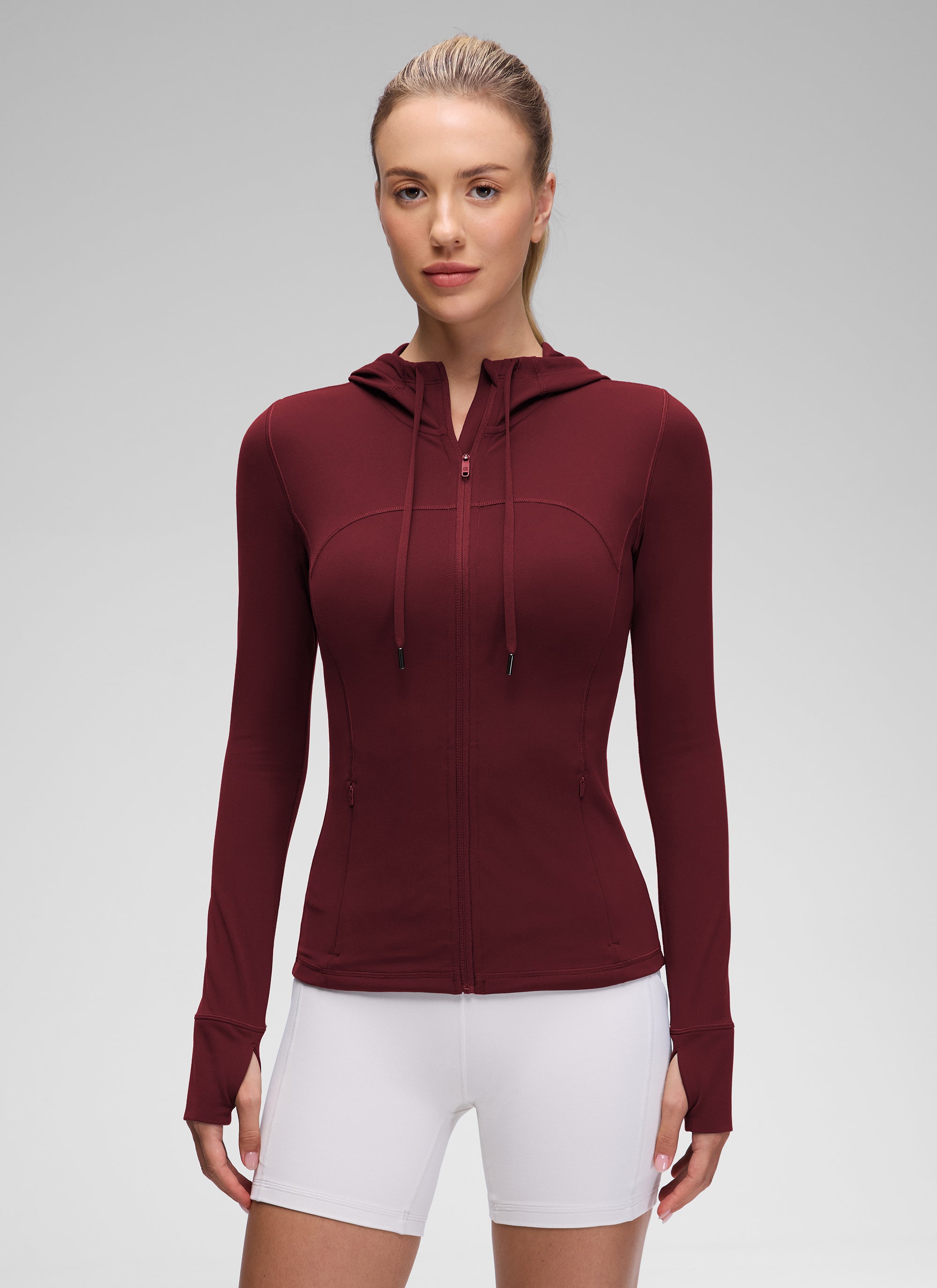 CRZ YOGA Sweat-shirt à capuche zippé Butterluxe coupe slim avec poches pour femme Rouge merlot
